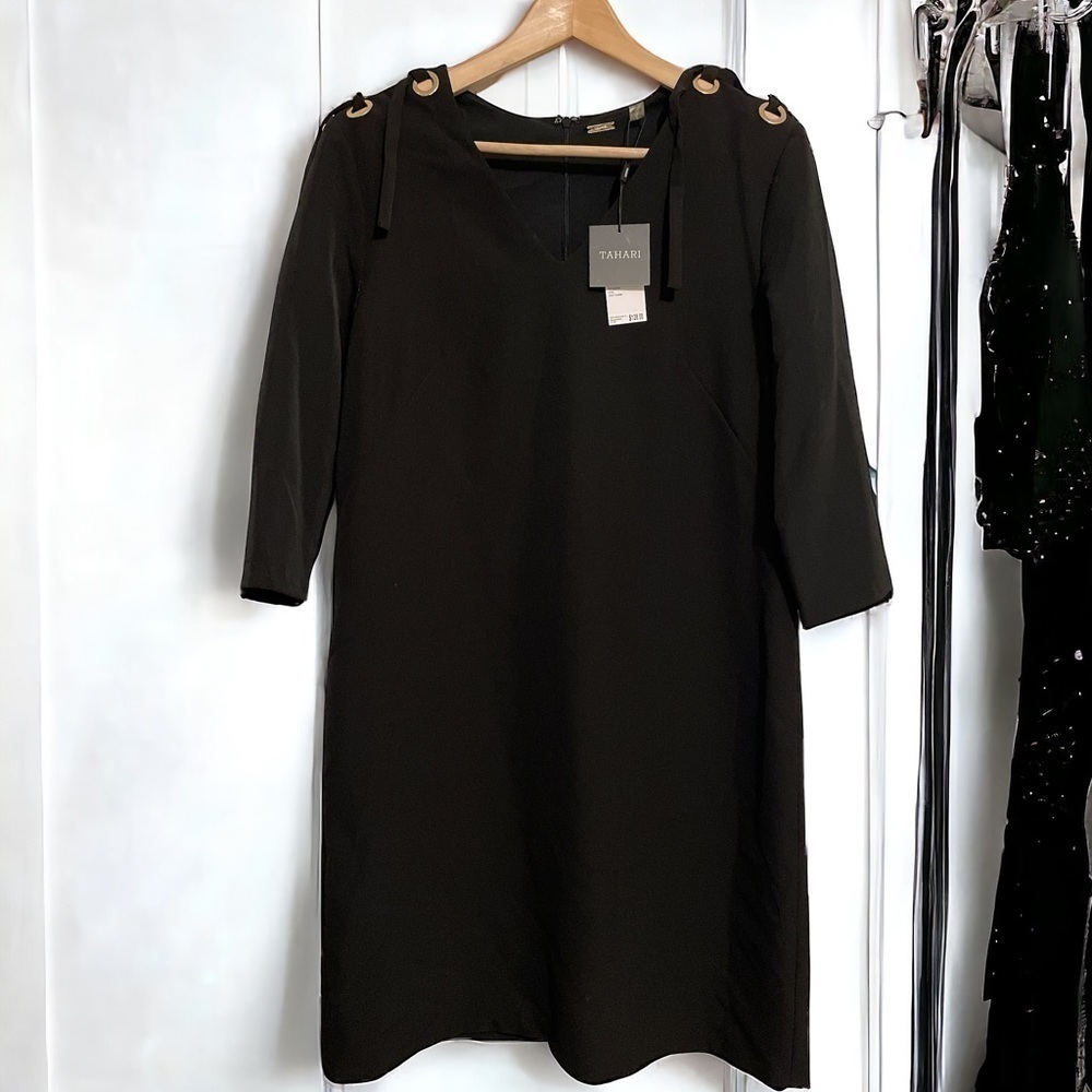 Tahari Shift Dress 10 Black Stretch 3/4 Bow-Sleeve Shoulder Lined V-Neck NWT$128